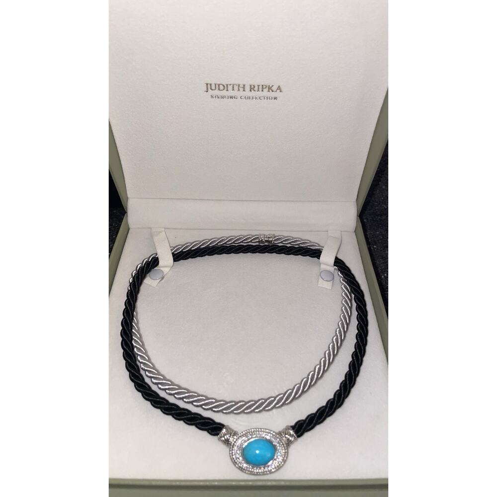 Judith Ripka Turquoise CZ 925 Sterling Silver Pendant Enhancer + 2 Cord Necklace